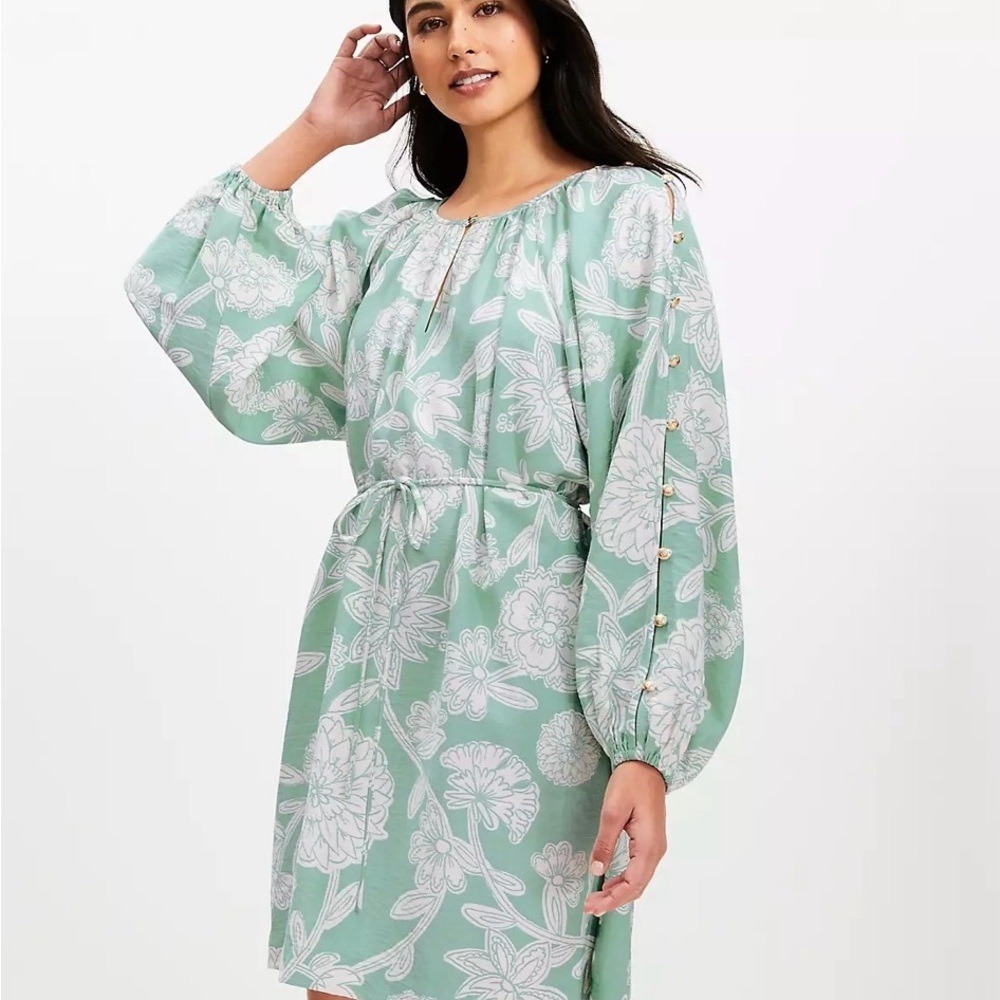 LOFT Green Floral Print Split Neck Tie Waist Long Sleeve Mini Dress-NWT-Medium - Picture 6 of 10